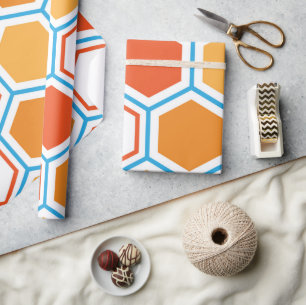 Papel De Presente Hexágono em laranja, azul e branco