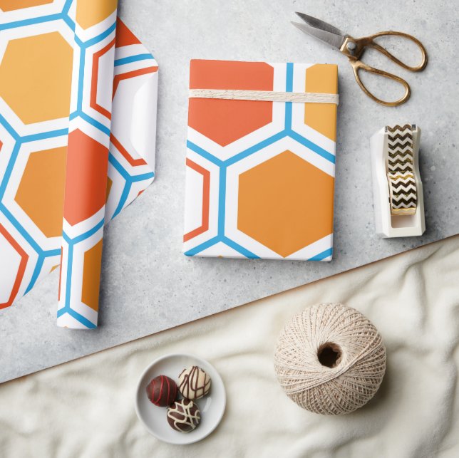 Papel De Presente Hexágono em laranja, azul e branco (Artesanato)