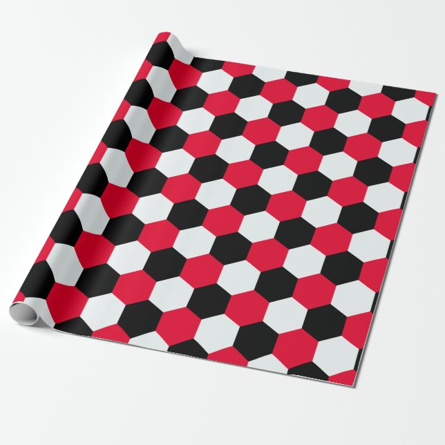 Papel De Presente Hexágonos vermelhos, pretos e brancos (Desenrolado)