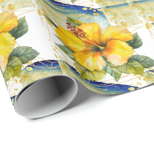 Papel De Presente Hibisco Amarelo e Dourado de Havaí temático