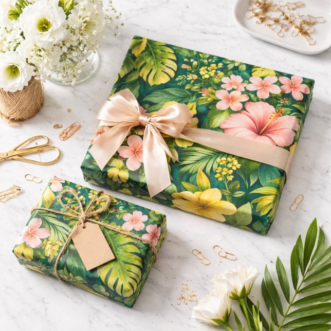 Papel De Presente Hibisco Floral Tropical Azul Profundo  (Criador carregado)