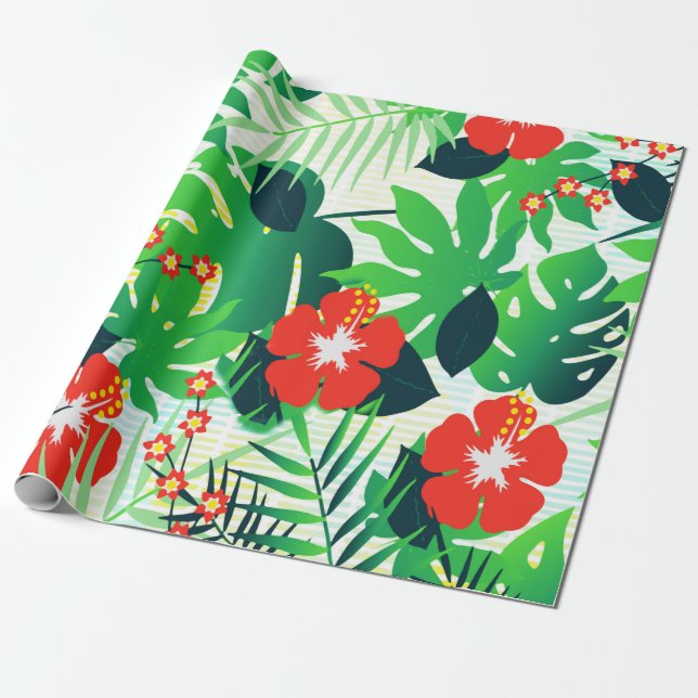 Papel De Presente Hibisco Laranja Tropical Folhas Verdes de Monstera (Desenrolado)