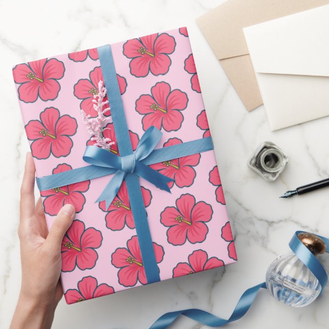 Papel De Presente Hibisco Rosa Bonito Vibes Tropicais  (Presentear)