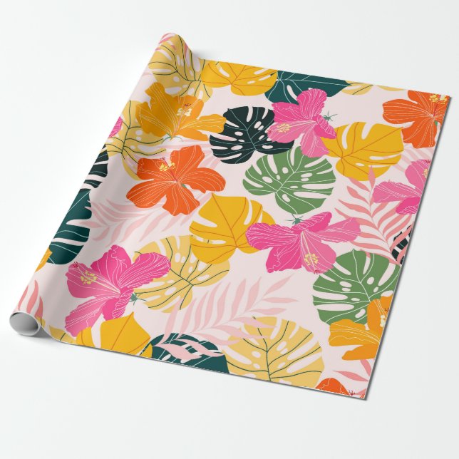 Papel De Presente Hibiscus e Monstera folhas de padrão tropical desi (Desenrolado)