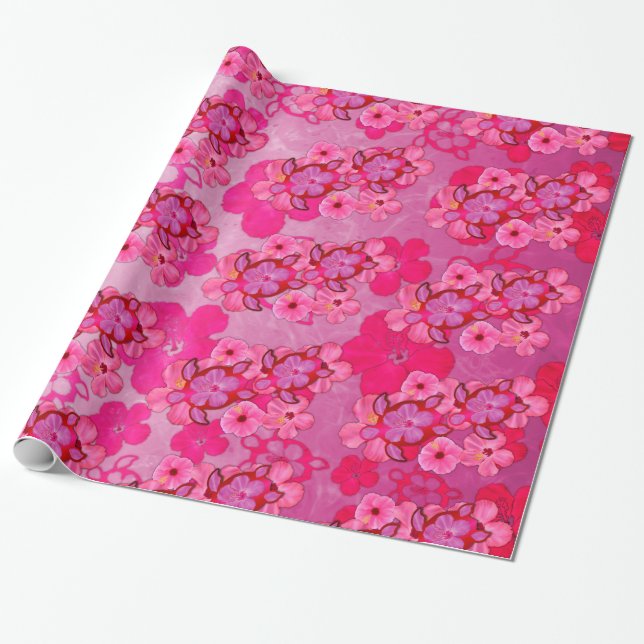 Papel De Presente Hibiscus e tartarugas cor-de-rosa de Honu (Desenrolado)