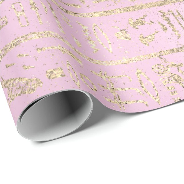 Papel De Presente Hieroglifos Egípcios Dourados Pink Pastel Rosa (Ponta do rolo)