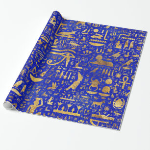 Papel De Presente Hieróglifos Egípcios - Lapis Lazuli e Dourado