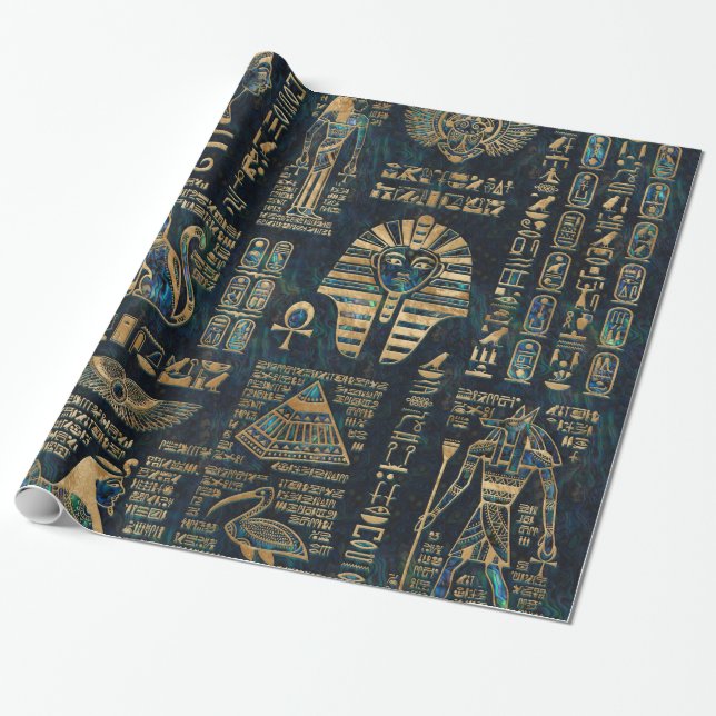 Papel De Presente Hieroglyphs e deidades egípcios - olmo e ouro (Desenrolado)