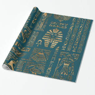 Papel De Presente Hieroglyphs e deidades egípcios - ouro na cerceta