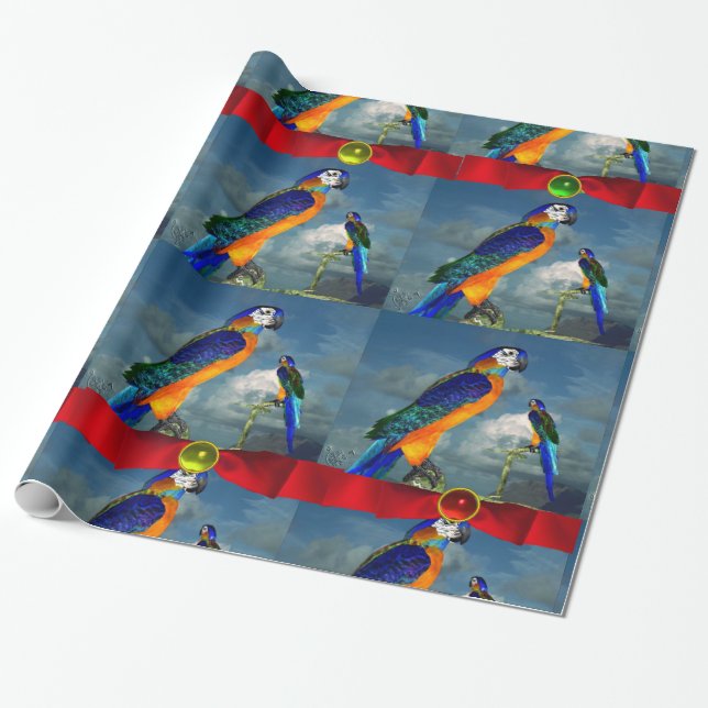 PAPEL DE PRESENTE HIPER PARROGES/ARA AZUL COM BORRACHAS VERMELHAS (Desenrolado)