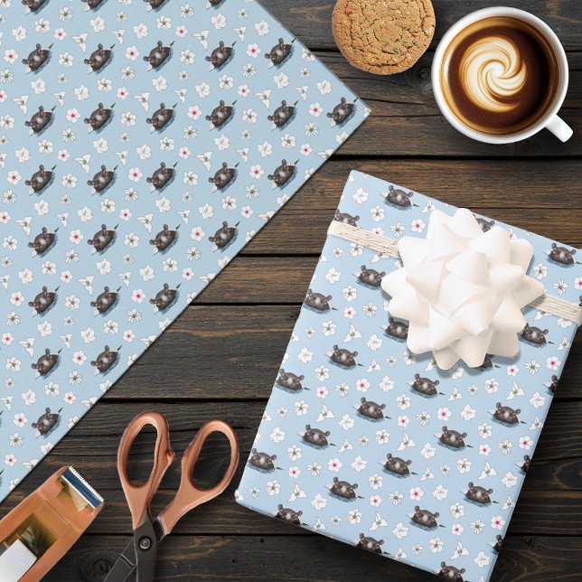 Papel De Presente Hipopótamo Lótus Branco Azul (Criador carregado)