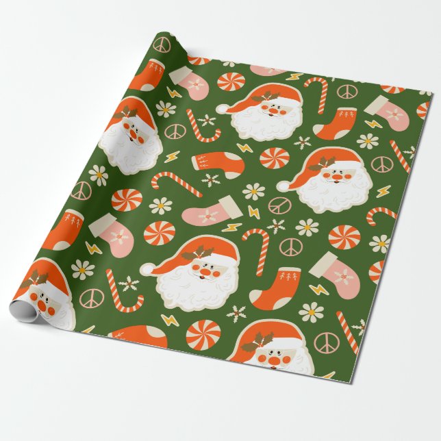 Papel De Presente Hippy Santa e padrão de cana doce (Desenrolado)