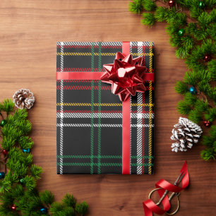 Papel De Presente História Preta da Xadrez Amarela, Vermelha, Verde 