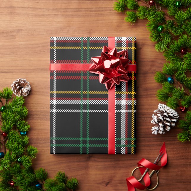 Papel De Presente História Preta da Xadrez Amarela, Vermelha, Verde  (Presente de Natal)