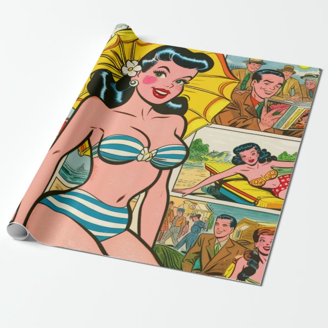 Papel De Presente Histórias em quadrinhos de verão da Retro Bikini G (Desenrolado)