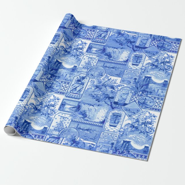 Papel De Presente Histórica de Japonaiserie Azul e Branca Vintage (Desenrolado)