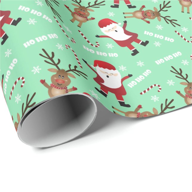 Papel De Presente Ho Ho Santa Claus Reindeer Candy Candy Patterno (Ponta do rolo)