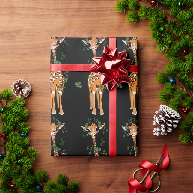 Papel De Presente Holiday Giraffe - férias Holly Garland Wraping P (Presente de Natal)
