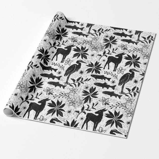 Papel De Presente Holiday Heron e Deer (Desenrolado)