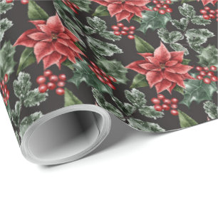 Papel De Presente Holiday Poinsettias Holly Berries e Folhas