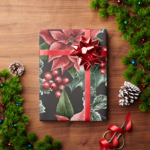 Papel De Presente Holiday Red Poinsettias Pine Greenery Xmas