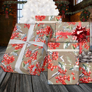Papel De Presente Holiday Red Winterberry Holly Rustic Kraft
