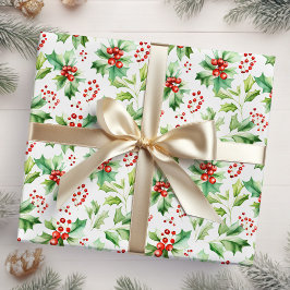Papel De Presente Holly Berries e Foliage