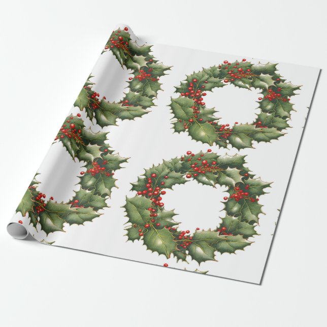 Papel De Presente Holly Berry Wreath Wrappaper (Desenrolado)