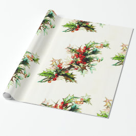 Papel De Presente Holly com Berries Vintage - Natal