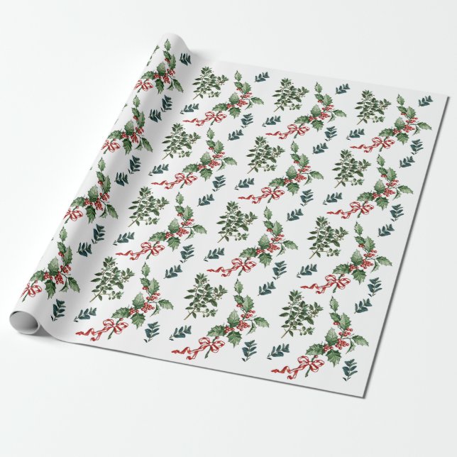 Papel De Presente Holly Evergreen Natal Vintage Greenery (Desenrolado)