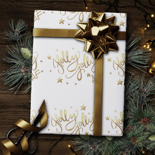 Papel De Presente Holly Jolly AF Manuscrito brilhante Dourado Faux