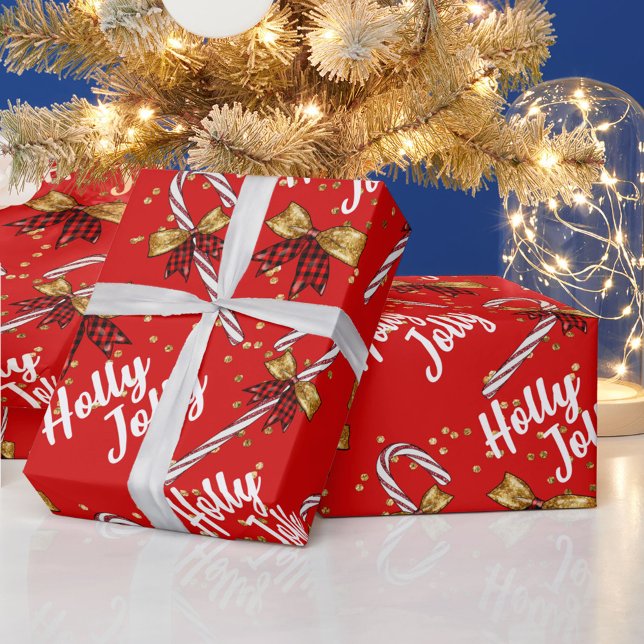 Papel De Presente Holly Jolly Christmas Red Candy Candy Canne Arcos  (Criador carregado)