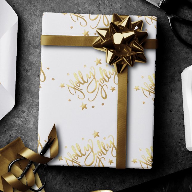 Papel De Presente Holly Jolly | Elegante Dourado Faux Foil Script (Criador carregado)