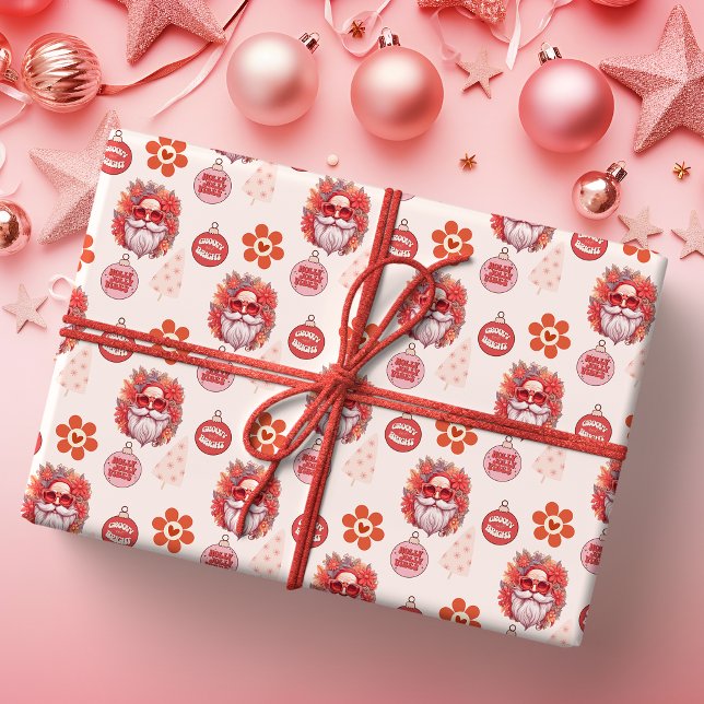 Papel De Presente Holly Jolly Santa Vibes Pink Retro Holiday (Criador carregado)