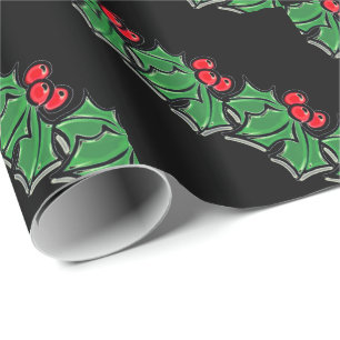 Papel De Presente Holly Leaves, Holly berry, coroa de Natal