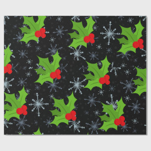 Papel De Presente Holly Leaves, Red Berries, Papel de Molho de Neve