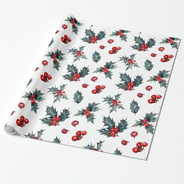 Papel De Presente Holly Red Berries (Desenrolado)