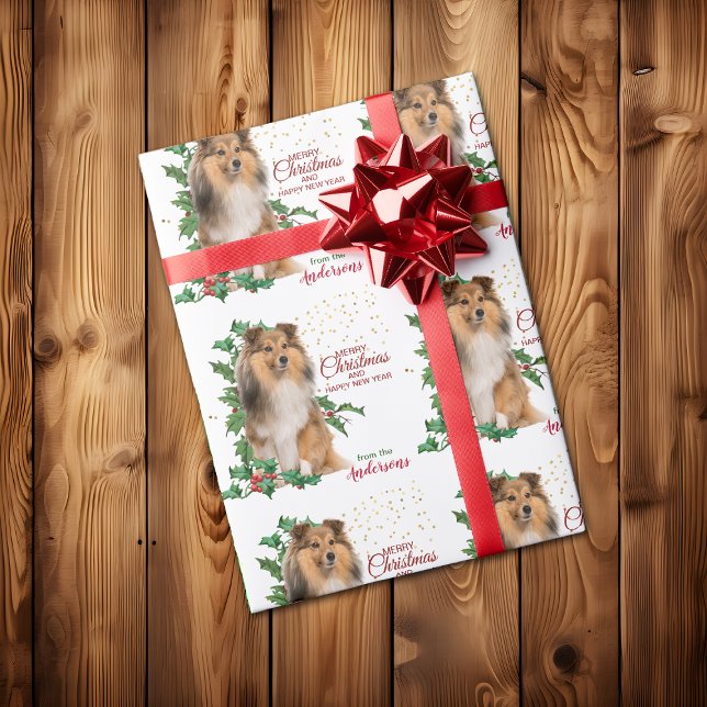Papel De Presente Holly Red Berry Shetland Sheepdog Natal (Criador carregado)