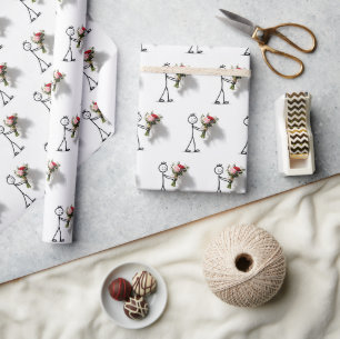 Papel De Presente Homem de Palito com Buquê de Rosas