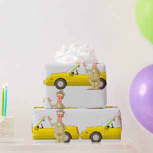 Papel De Presente Homem E Seu Carro Amarelo