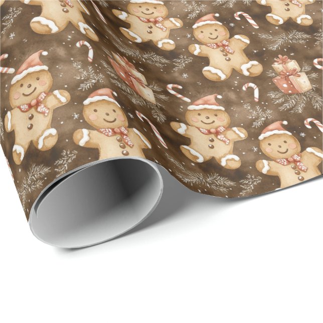 Papel De Presente Homens de Biscoito Festivos com Presentes e Flocos (Ponta do rolo)
