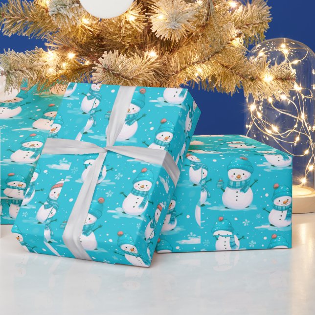 Papel De Presente Homens de Neve e Flocos de Neve Azul Branco Natal  (Feriados)
