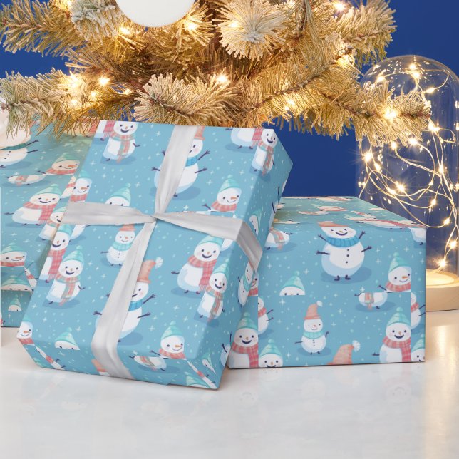 Papel De Presente Homens de Neve Flocos de Neve Azul Natal Moderno (Feriados)