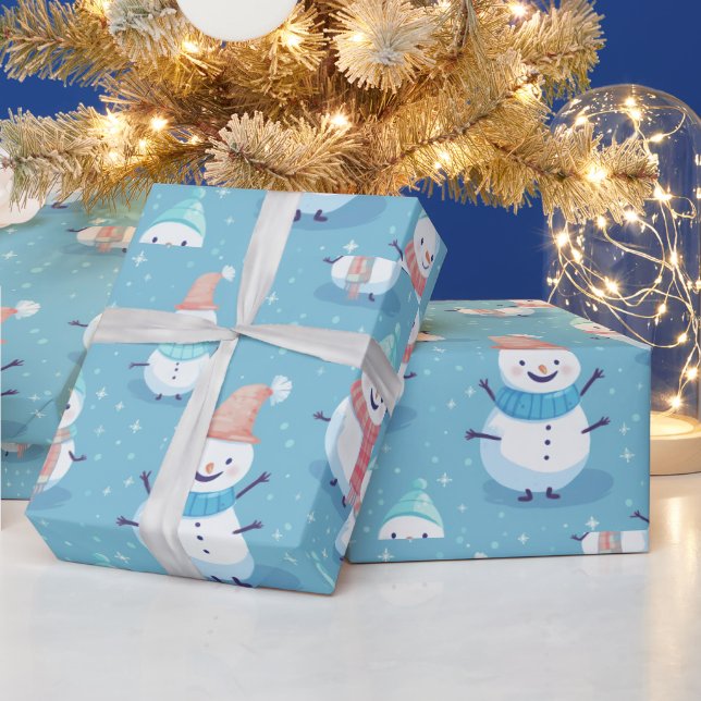 Papel De Presente Homens de Neve Flocos de Neve Azul Natal Moderno (Feriados)