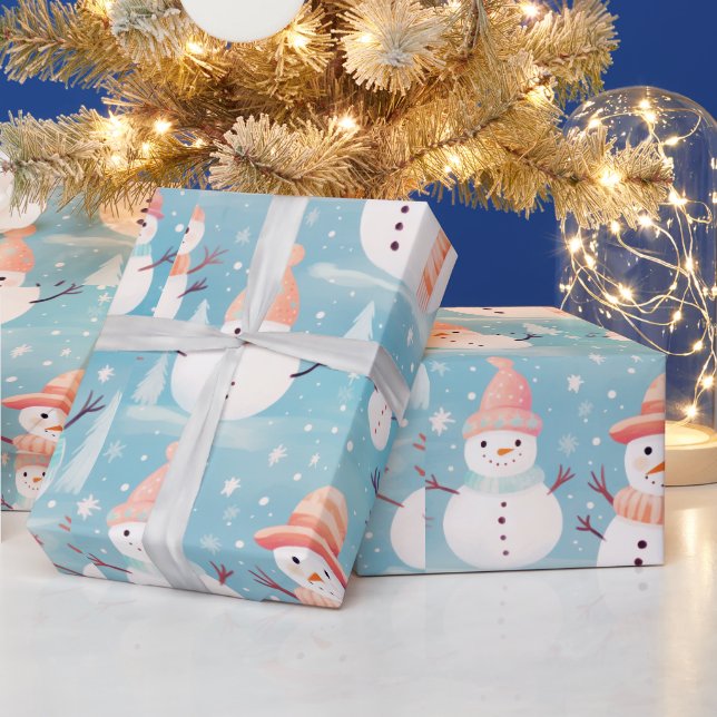 Papel De Presente Homens de Neve Flocos de Neve Azul Natal Moderno (Feriados)
