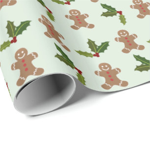Papel De Presente Homens de Pão de Mel e padrão de Natal de Azevinho