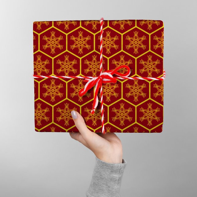 Papel De Presente Honeycomb Snowflake Maroon Yellow Pattern Elegante (Criador carregado)