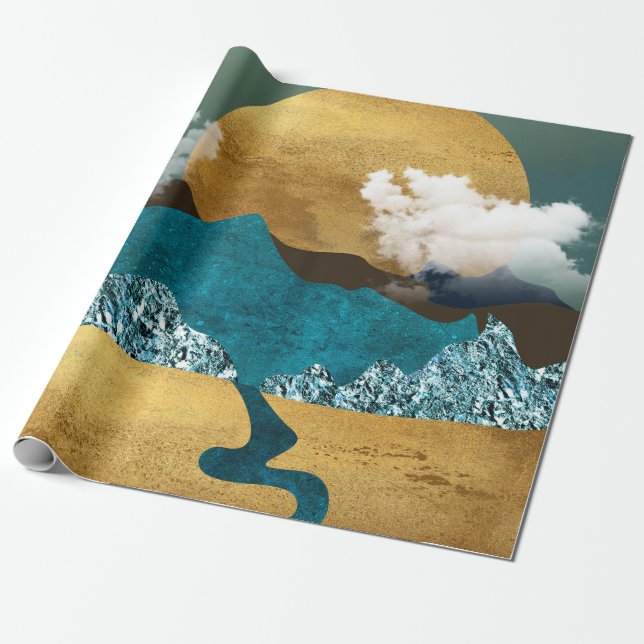 Papel De Presente Horizonte Dourado com Montanhas Azuis (Desenrolado)