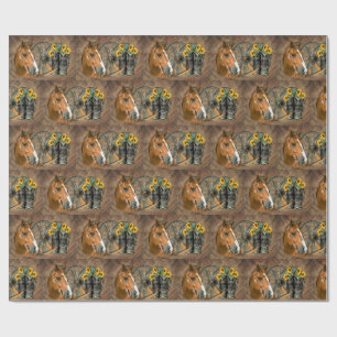 Papel De Presente Horse Cowboy Boots Vagão Girassol Roda Sunflower W