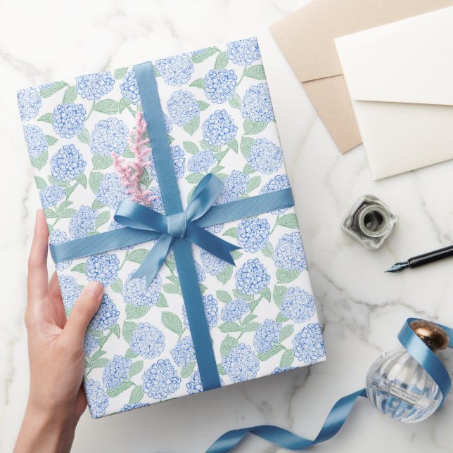 Papel De Presente Hortênsia Azul e Verde Préppy (Presentear)
